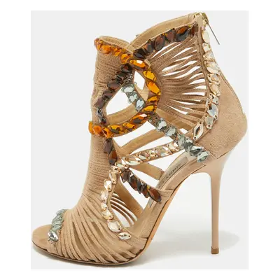 Jimmy Choo Brown Suede Crystal Embellished Cut Out Sandals Size