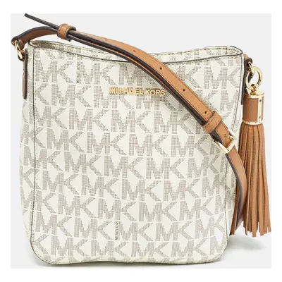 Michael Kors White Signature Coated Canvas and Leather Tassel Messenger Bag