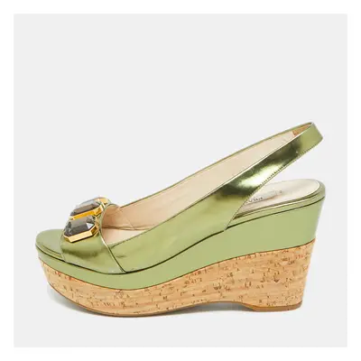 Prada Green Leather Cork Platform Wedge Slingback Sandals Size