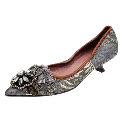 Miu Miu Grey Jacquard Embellished Pointed Toe Pumps Size