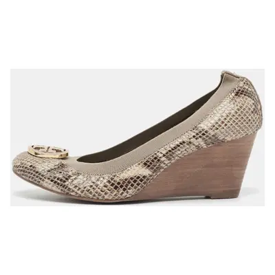 Tory Burch Two Tone Snakeskin Embossed Suede Scrunch Wedge Pumps Size