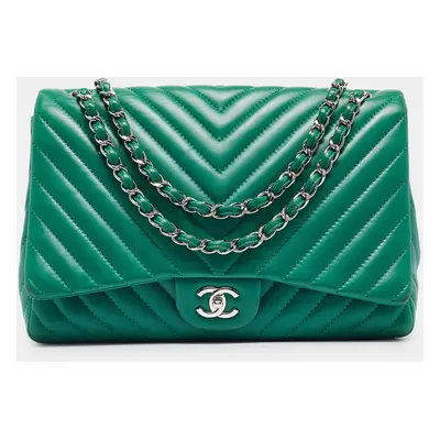 Chanel Green Chevron Leather Maxi Classic Single Flap Bag