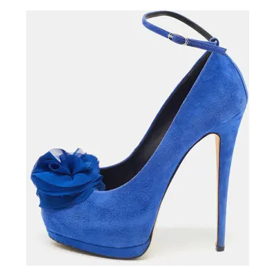 Giuseppe Zanotti Blue Suede Flower Applique Peep Toe Platform Ankle Strap Pumps Size