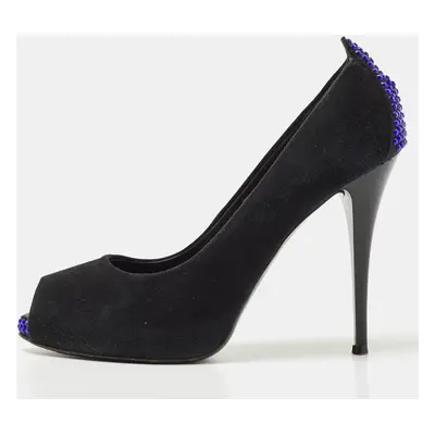 Giuseppe Zanotti Black Suede Crystal Embellished Peep Toe Pumps Size