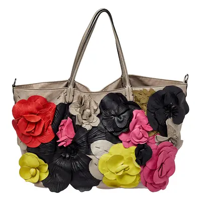 Valentino Grey Leather Floral Applique Tote