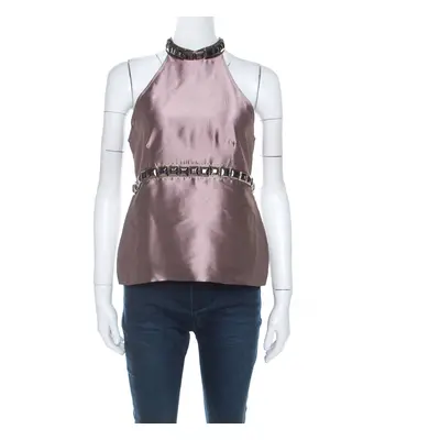 Burberry Metallic Purple Silk Blend Stud Embellished Halter Neck Top