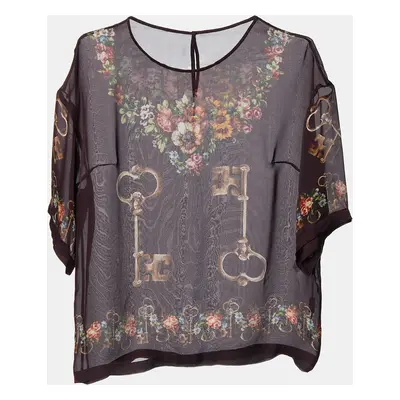 Dolce & Gabbana Deep Maroon Floral Key Print Silk Sheer Blouse