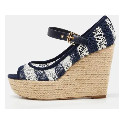 Louis Vuitton Blue/White Fabric, Suede and Mesh Open Toe Wedge Espadrille Sandals Size