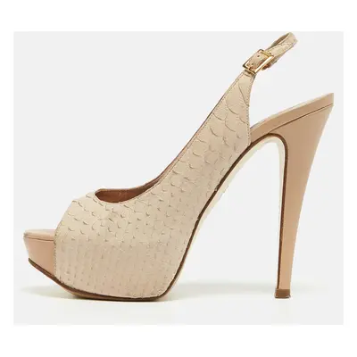 Gina Cream Python Embossed Leather Peep Toe Blake Platform Slingback Pumps Size