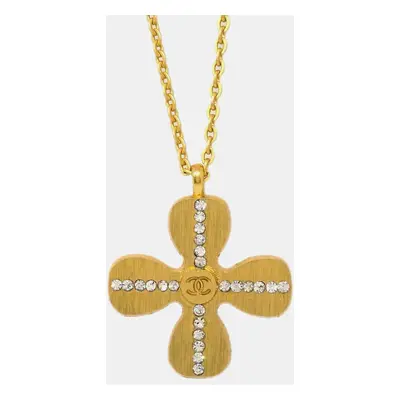 Chanel Rhinestone Gold Clover Chain Pendant Necklace 01C