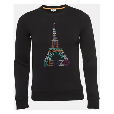 Kenzo Black Eiffel Embroidered Cotton Knit Crew Neck Sweatshirt