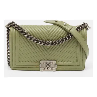 Chanel Green Chevron Leather Boy Flap Bag