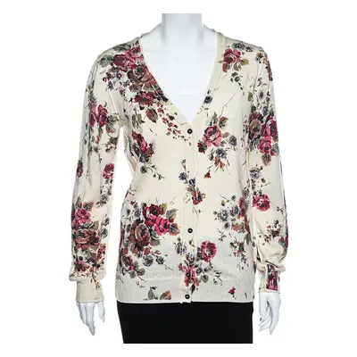 D&G Cream Floral Printed Wool Button Front Cardigan