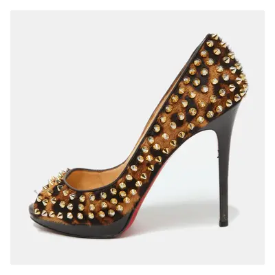 Christian Louboutin Leopard Print Calf Hair Yolanda Spikes Peep Toe Pumps Size