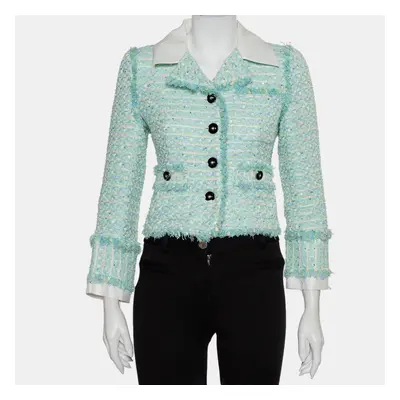 Alessandra Rich Aqua Green Tweed Button Front Cropped Jacket