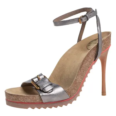 Stella McCartney Metallic Grey Faux Leather Ankle Strap Sandals Size