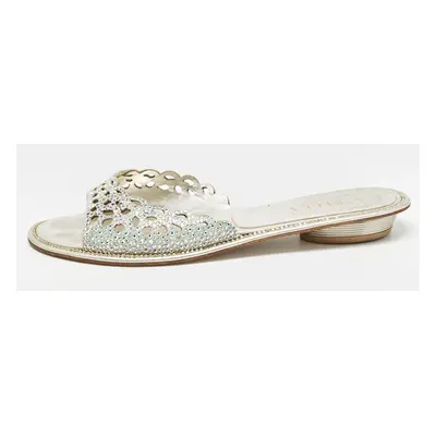 Le Silla Silver Crystal Embellished Textured Suede Flat Slides Size 37.5