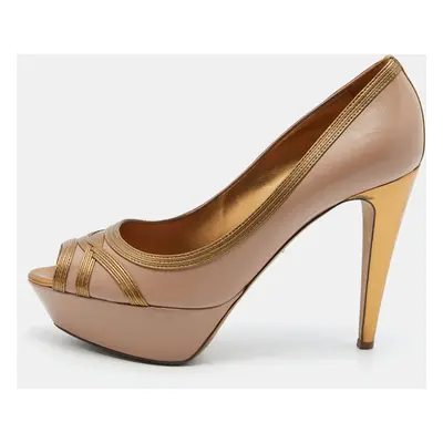 Sergio Rossi Pink/Gold Leather Peep Toe Platform Pumps Size 40.5