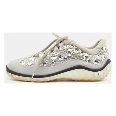 Miu Miu Grey Satin And Stretch Fabric Astro Crystal Embellished Low Top Sneakers Size