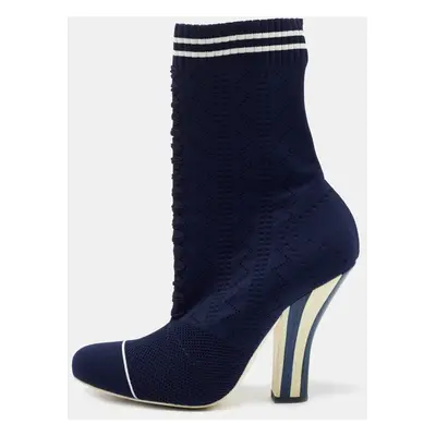 Fendi Navy Blue Knit Fabric Rockoko Mid Calf Boots Size