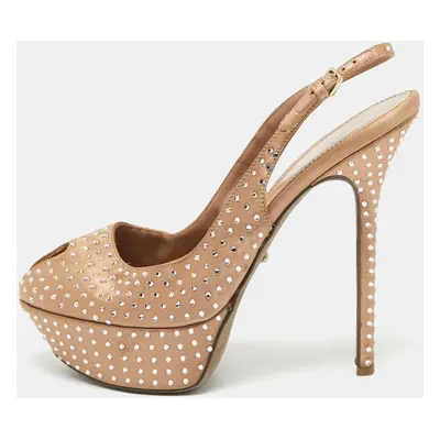 Sergio Rossi Light Brown Crystal Embellished Satin Peep Toe Platform Slingback Pumps Size 38.5