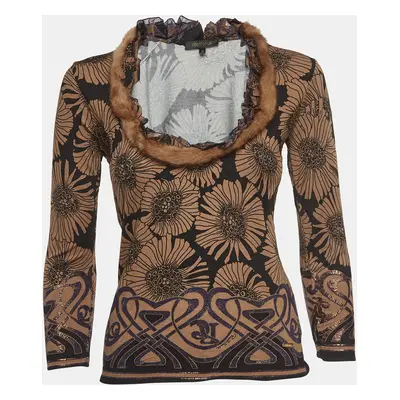 Roberto Cavalli Brown Floral Print Knit Mink Fur Trimmed Top