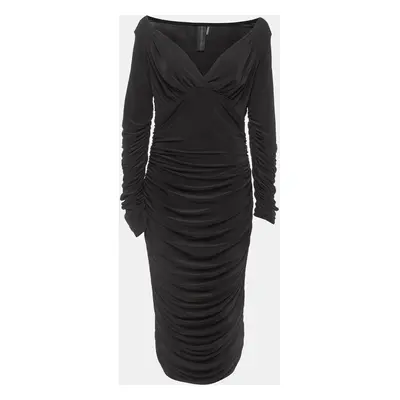 Norma Kamali Black Draped Jersey Long Sleeve Tara Midi Dress