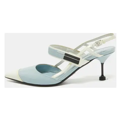 Prada Light Blue/White Leather and Rubber Pointed-Toe Slingback Pumps Size