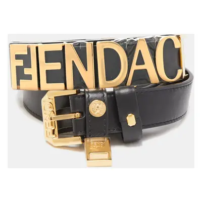 Fendi x Versace Black Leather Logo Letters Buckle Belt 90CM