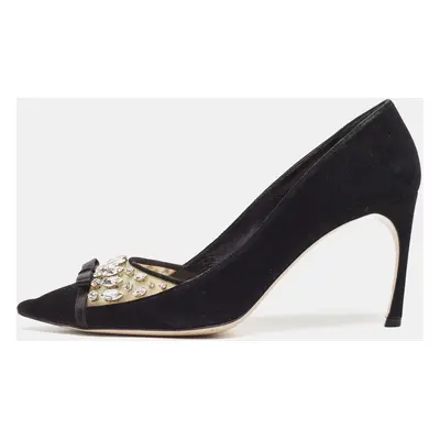 Miu Miu Black Suede and PVC Crystal Embellished Pointed Toe Pumps Size 38.5