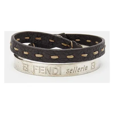 Fendi Selleria Silver Tone Cuff & Metallic Leather Double Wrap Bracelet