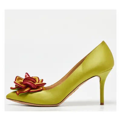 Charlotte Olympia Green Satin Flower Detail Pointed Toe Pumps Size