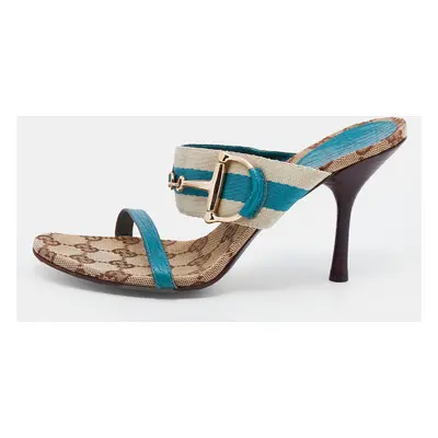 Gucci Turquoise Blue/Off White Leather And Web Tape Slide Sandals Size