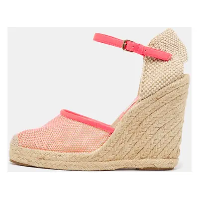 Stella McCartney Pink/Beige Mesh and Woven Canvas Wedge Espadrille Ankle Strap Sandals Size