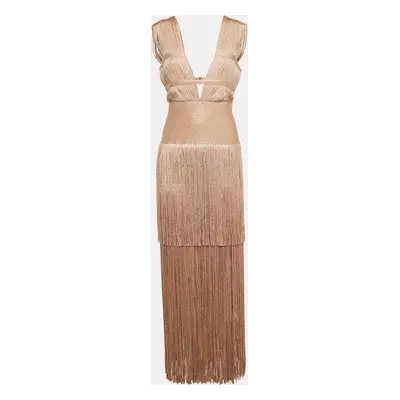 Herve Leger Metallic Lurex Knit Fringed Bodycon Evening Gown