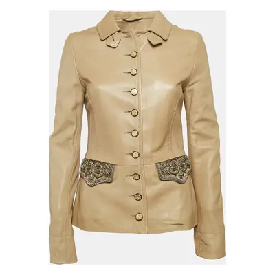 Dolce & Gabbana Beige Embellished Leather Button Detail Jacket