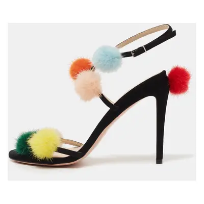 Fendi Black Suede Mink Fur Pompoms Ankle Strap Sandals Size