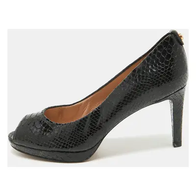 Stuart Weitzman Black Python Embossed Leather Peep Toe Platform Pumps Size