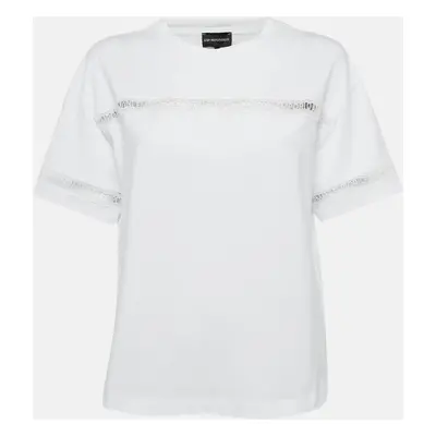 Emporio Armani White Cotton Logo Lace Trimmed T-Shirt