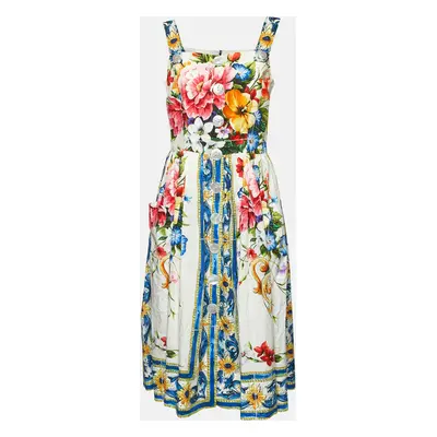 Dolce & Gabbana Multicolor Floral Print Cotton Pleated Midi Dress