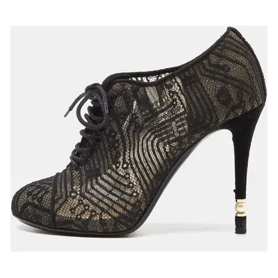 Chanel Black Lace and Suede Lace Up Ankle Booties Size