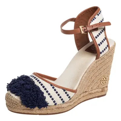 Tory Burch Multicolor Canvas And Leather Trim Wedge Espadrille Ankle Strap Sandals Size