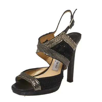 Jimmy Choo Black Chainmail and Fabric Peep Toe Slingback Sandals Size