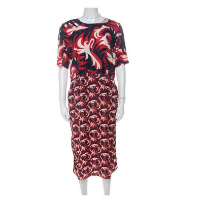 Marni Red & Blue Mixed Print Silk Blend Short Sleeve Dress