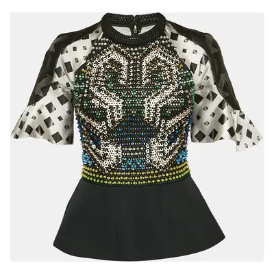 Peter Pilotto Black Crepe and Knit Embellished Peplum Top