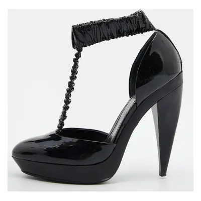 Burberry Black Patent Leather Pleated T Strap Pumps Size