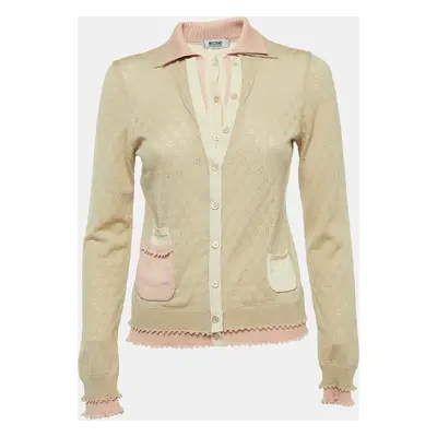 Moschino Cheap and Chic Beige/Pink Perforated Wool Knit Button Front Cardigan