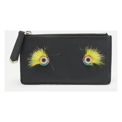 Fendi Black Leather and Mink Fur Monster Eyes Zip Card Holder