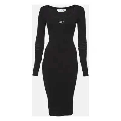 Off-White Logo Print Black Rib Knit Bodycon Dress