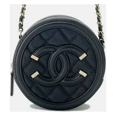 Chanel Black Leather CC Filigree Round Chain Shoulder Bag